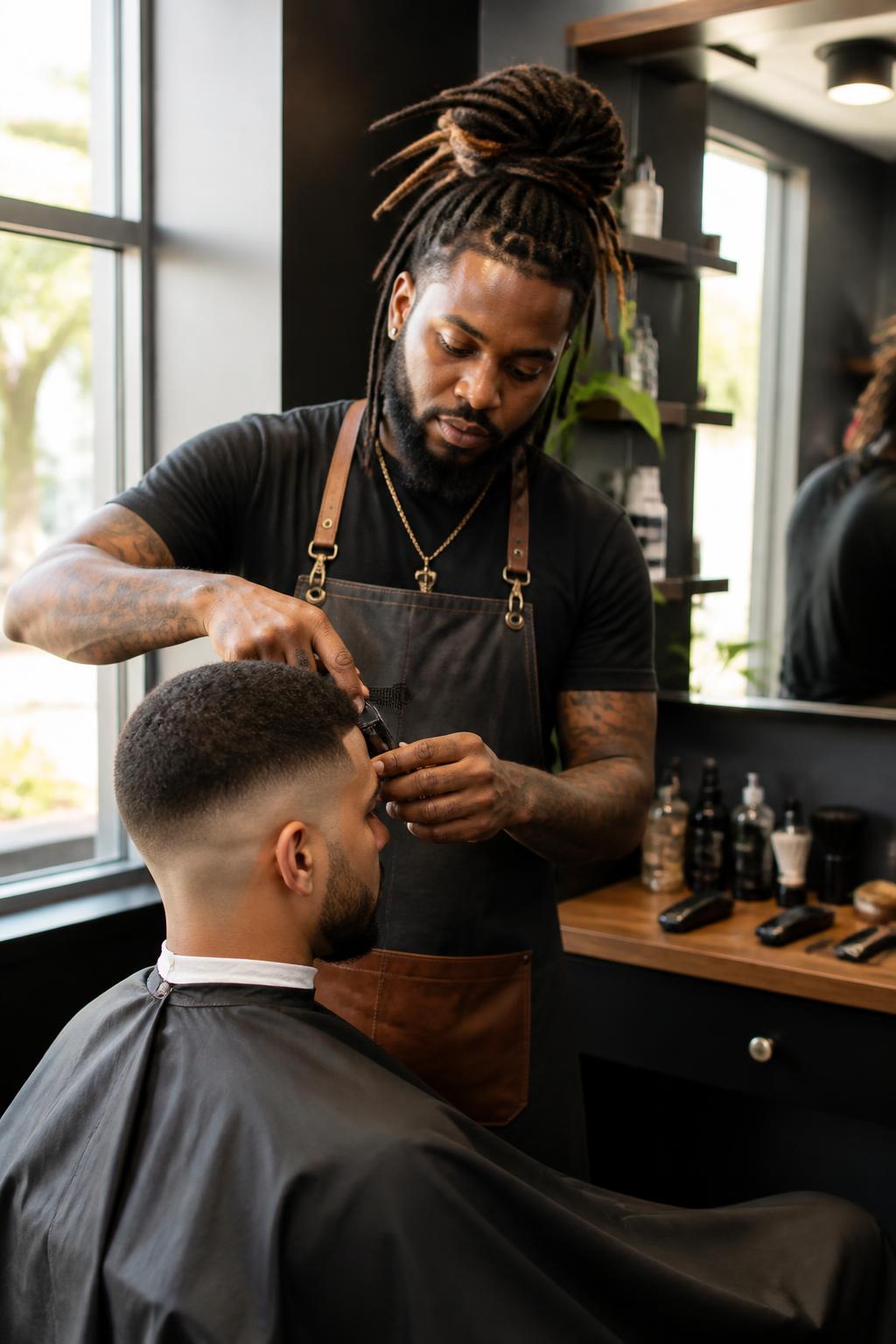 Barber finishing a fade in a Caribbean salon